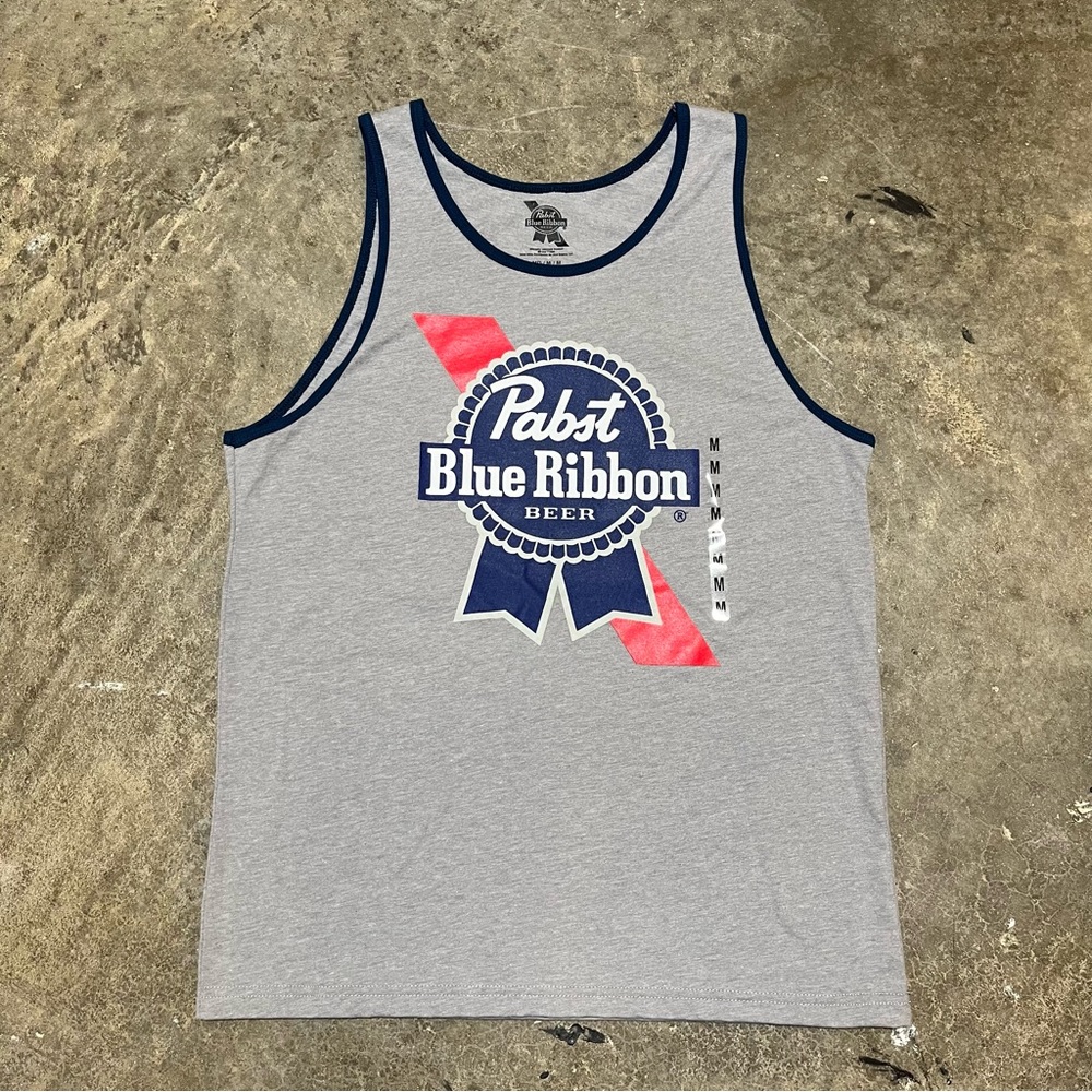 Pabst Blue Ribbon Tank Top Shirt Mens Medium Gray Beer Graphic Tee Sleeveless.